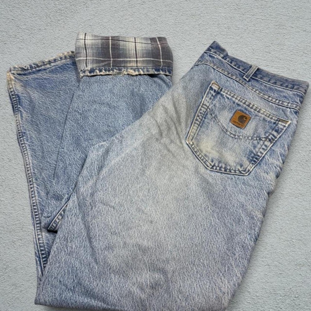 Vintage Carhartt Made in USA Plaid Flannel Lined Blue Jeans 38x32 Workwear